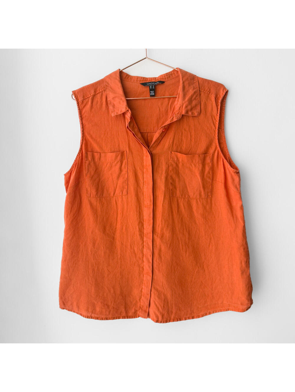 Vintage Orange Red Linen Sleeveless Button-Front Blouse Size 14